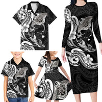 Hawaiian Manta Rays Family Matching Long Sleeve Bodycon Dress and Hawaiian Shirt Tribal Hibiscus Polynesian Tattoos Black Color LT03 - Polynesian Pride