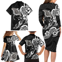 Hawaiian Manta Rays Family Matching Long Sleeve Bodycon Dress and Hawaiian Shirt Tribal Hibiscus Polynesian Tattoos Black Color LT03 - Polynesian Pride