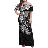 Hawaiian Manta Rays Family Matching Off Shoulder Maxi Dress and Hawaiian Shirt Tribal Hibiscus Polynesian Tattoos Black Color LT03 Mom's Dress Black - Polynesian Pride