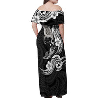 Hawaiian Manta Rays Family Matching Off Shoulder Maxi Dress and Hawaiian Shirt Tribal Hibiscus Polynesian Tattoos Black Color LT03 - Polynesian Pride