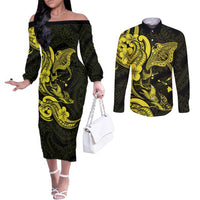 Hawaiian Manta Rays Couples Matching Off The Shoulder Long Sleeve Dress and Long Sleeve Button Shirt Tribal Hibiscus Polynesian Tattoos Yellow Color LT03 Yellow - Polynesian Pride