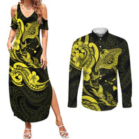 Hawaiian Manta Rays Couples Matching Summer Maxi Dress and Long Sleeve Button Shirt Tribal Hibiscus Polynesian Tattoos Yellow Color - Polynesian Pride