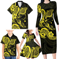 Hawaiian Manta Rays Family Matching Long Sleeve Bodycon Dress and Hawaiian Shirt Tribal Hibiscus Polynesian Tattoos Yellow Color LT03 - Polynesian Pride