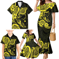 Hawaiian Manta Rays Family Matching Mermaid Dress and Hawaiian Shirt Tribal Hibiscus Polynesian Tattoos Yellow Color LT03 - Polynesian Pride
