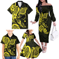 Hawaiian Manta Rays Family Matching Off The Shoulder Long Sleeve Dress and Hawaiian Shirt Tribal Hibiscus Polynesian Tattoos Yellow Color LT03 - Polynesian Pride