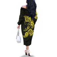 Hawaiian Manta Rays Family Matching Off The Shoulder Long Sleeve Dress and Hawaiian Shirt Tribal Hibiscus Polynesian Tattoos Yellow Color LT03 - Polynesian Pride