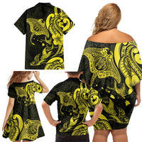 Hawaiian Manta Rays Family Matching Off Shoulder Short Dress and Hawaiian Shirt Tribal Hibiscus Polynesian Tattoos Yellow Color LT03 - Polynesian Pride