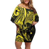 Hawaiian Manta Rays Family Matching Off Shoulder Short Dress and Hawaiian Shirt Tribal Hibiscus Polynesian Tattoos Yellow Color LT03 Mom's Dress Yellow - Polynesian Pride