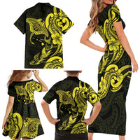 Hawaiian Manta Rays Family Matching Short Sleeve Bodycon Dress and Hawaiian Shirt Tribal Hibiscus Polynesian Tattoos Yellow Color LT03 - Polynesian Pride