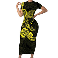 Hawaiian Manta Rays Family Matching Short Sleeve Bodycon Dress and Hawaiian Shirt Tribal Hibiscus Polynesian Tattoos Yellow Color LT03 Mom's Dress Yellow - Polynesian Pride