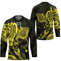 Hawaiian Manta Rays Hockey Jersey Tribal Hibiscus Polynesian Tattoos Yellow Color - Polynesian Pride