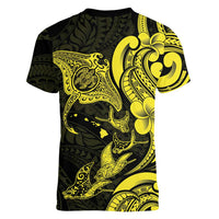 Hawaiian Manta Rays Women V-Neck T-Shirt Tribal Hibiscus Polynesian Tattoos Yellow Color - Polynesian Pride