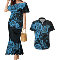 Hawaiian Manta Rays Couples Matching Mermaid Dress and Hawaiian Shirt Tribal Hibiscus Polynesian Tattoos Blue Color LT03 Blue - Polynesian Pride