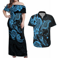 Hawaiian Manta Rays Couples Matching Off Shoulder Maxi Dress and Hawaiian Shirt Tribal Hibiscus Polynesian Tattoos Blue Color LT03 Blue - Polynesian Pride