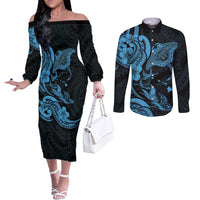 Hawaiian Manta Rays Couples Matching Off The Shoulder Long Sleeve Dress and Long Sleeve Button Shirt Tribal Hibiscus Polynesian Tattoos Blue Color LT03 Blue - Polynesian Pride