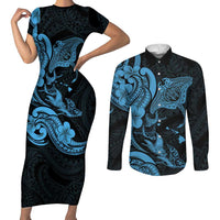 Hawaiian Manta Rays Couples Matching Short Sleeve Bodycon Dress and Long Sleeve Button Shirt Tribal Hibiscus Polynesian Tattoos Blue Color LT03 Blue - Polynesian Pride