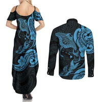 Hawaiian Manta Rays Couples Matching Summer Maxi Dress and Long Sleeve Button Shirt Tribal Hibiscus Polynesian Tattoos Blue Color - Polynesian Pride