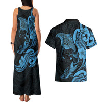 Hawaiian Manta Rays Couples Matching Tank Maxi Dress and Hawaiian Shirt Tribal Hibiscus Polynesian Tattoos Blue Color LT03 - Polynesian Pride