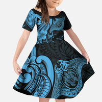 Hawaiian Manta Rays Family Matching Long Sleeve Bodycon Dress and Hawaiian Shirt Tribal Hibiscus Polynesian Tattoos Blue Color LT03 Daughter's Dress Blue - Polynesian Pride