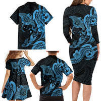 Hawaiian Manta Rays Family Matching Long Sleeve Bodycon Dress and Hawaiian Shirt Tribal Hibiscus Polynesian Tattoos Blue Color LT03 - Polynesian Pride