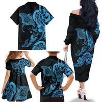 Hawaiian Manta Rays Family Matching Off The Shoulder Long Sleeve Dress and Hawaiian Shirt Tribal Hibiscus Polynesian Tattoos Blue Color LT03 - Polynesian Pride