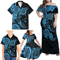 Hawaiian Manta Rays Family Matching Off Shoulder Maxi Dress and Hawaiian Shirt Tribal Hibiscus Polynesian Tattoos Blue Color LT03 - Polynesian Pride