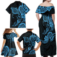 Hawaiian Manta Rays Family Matching Off Shoulder Maxi Dress and Hawaiian Shirt Tribal Hibiscus Polynesian Tattoos Blue Color LT03 - Polynesian Pride