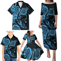 Hawaiian Manta Rays Family Matching Puletasi and Hawaiian Shirt Tribal Hibiscus Polynesian Tattoos Blue Color LT03 - Polynesian Pride