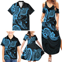 Hawaiian Manta Rays Family Matching Summer Maxi Dress and Hawaiian Shirt Tribal Hibiscus Polynesian Tattoos Blue Color LT03 - Polynesian Pride