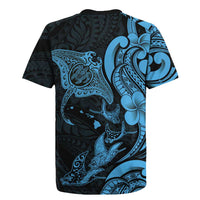 Hawaiian Manta Rays Rugby Jersey Tribal Hibiscus Polynesian Tattoos Blue Color - Polynesian Pride