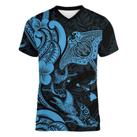 Hawaiian Manta Rays Women V-Neck T-Shirt Tribal Hibiscus Polynesian Tattoos Blue Color LT03 Female Blue - Polynesian Pride