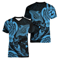 Hawaiian Manta Rays Women V-Neck T-Shirt Tribal Hibiscus Polynesian Tattoos Blue Color LT03 - Polynesian Pride