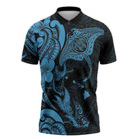 Hawaiian Manta Rays Zipper Polo Shirt Tribal Hibiscus Polynesian Tattoos Blue Color - Polynesian Pride