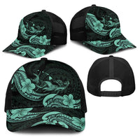 Hawaiian Manta Rays Baseball Net Cap Tribal Hibiscus Polynesian Tattoos Turquoise Color - Polynesian Pride