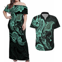 Hawaiian Manta Rays Couples Matching Off Shoulder Maxi Dress and Hawaiian Shirt Tribal Hibiscus Polynesian Tattoos Turquoise Color LT03 Turquoise - Polynesian Pride