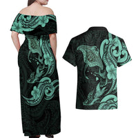 Hawaiian Manta Rays Couples Matching Off Shoulder Maxi Dress and Hawaiian Shirt Tribal Hibiscus Polynesian Tattoos Turquoise Color LT03 - Polynesian Pride