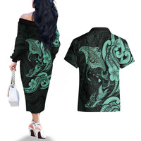 Hawaiian Manta Rays Couples Matching Off The Shoulder Long Sleeve Dress and Hawaiian Shirt Tribal Hibiscus Polynesian Tattoos Turquoise Color LT03 - Polynesian Pride