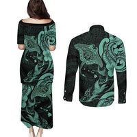 Hawaiian Manta Rays Couples Matching Puletasi and Long Sleeve Button Shirt Tribal Hibiscus Polynesian Tattoos Turquoise Color - Polynesian Pride