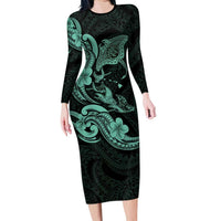Hawaiian Manta Rays Family Matching Long Sleeve Bodycon Dress and Hawaiian Shirt Tribal Hibiscus Polynesian Tattoos Turquoise Color LT03 Mom's Dress Turquoise - Polynesian Pride