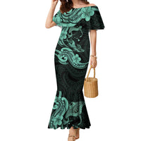 Hawaiian Manta Rays Family Matching Mermaid Dress and Hawaiian Shirt Tribal Hibiscus Polynesian Tattoos Turquoise Color LT03 Mom's Dress Turquoise - Polynesian Pride
