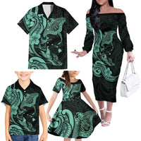 Hawaiian Manta Rays Family Matching Off The Shoulder Long Sleeve Dress and Hawaiian Shirt Tribal Hibiscus Polynesian Tattoos Turquoise Color LT03 - Polynesian Pride