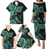 Hawaiian Manta Rays Family Matching Puletasi and Hawaiian Shirt Tribal Hibiscus Polynesian Tattoos Turquoise Color LT03 - Polynesian Pride