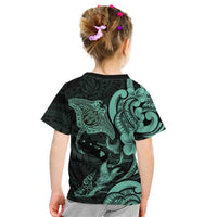 Hawaiian Manta Rays Kid T Shirt Tribal Hibiscus Polynesian Tattoos Turquoise Color - Polynesian Pride