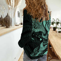 Hawaiian Manta Rays Women Casual Shirt Tribal Hibiscus Polynesian Tattoos Turquoise Color - Polynesian Pride