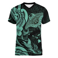 Hawaiian Manta Rays Women V-Neck T-Shirt Tribal Hibiscus Polynesian Tattoos Turquoise Color - Polynesian Pride