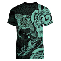 Hawaiian Manta Rays Women V-Neck T-Shirt Tribal Hibiscus Polynesian Tattoos Turquoise Color - Polynesian Pride