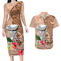 Guam Seal and Latte Stone With Ethnic Tapa Pattern Couples Matching Long Sleeve Bodycon Dress and Hawaiian Shirt Peach Fuzz Color LT03 Peach Fuzz - Polynesian Pride