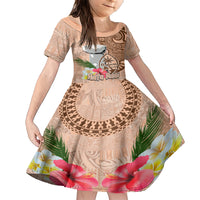 Guam Seal and Latte Stone With Ethnic Tapa Pattern Family Matching Short Sleeve Bodycon Dress and Hawaiian Shirt Peach Fuzz Color LT03 Daughter's Dress Peach Fuzz - Polynesian Pride