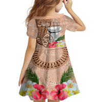 Guam Seal and Latte Stone With Ethnic Tapa Pattern Kid Short Sleeve Dress Peach Fuzz Color LT03 - Polynesian Pride
