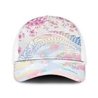 Hawaiian and Japanese Culture Together Baseball Net Cap Tribal Motifs with Lei and Japanese Sakura Pattern
